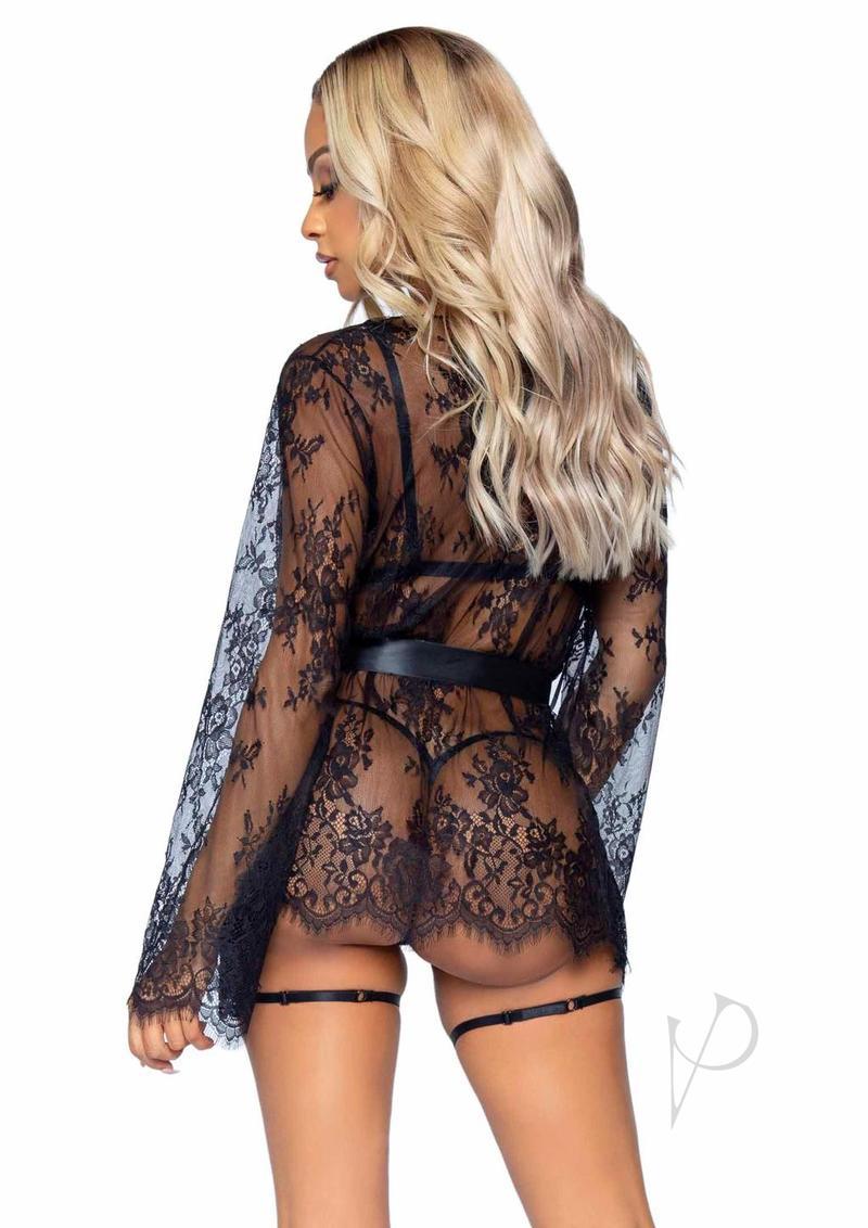 Leg Avenue Eyelash Lace Garter Teddy With G-string Back And Adjustable Straps, Lace Robe And Ribbon Tie (3 Pieces) - Large - Black